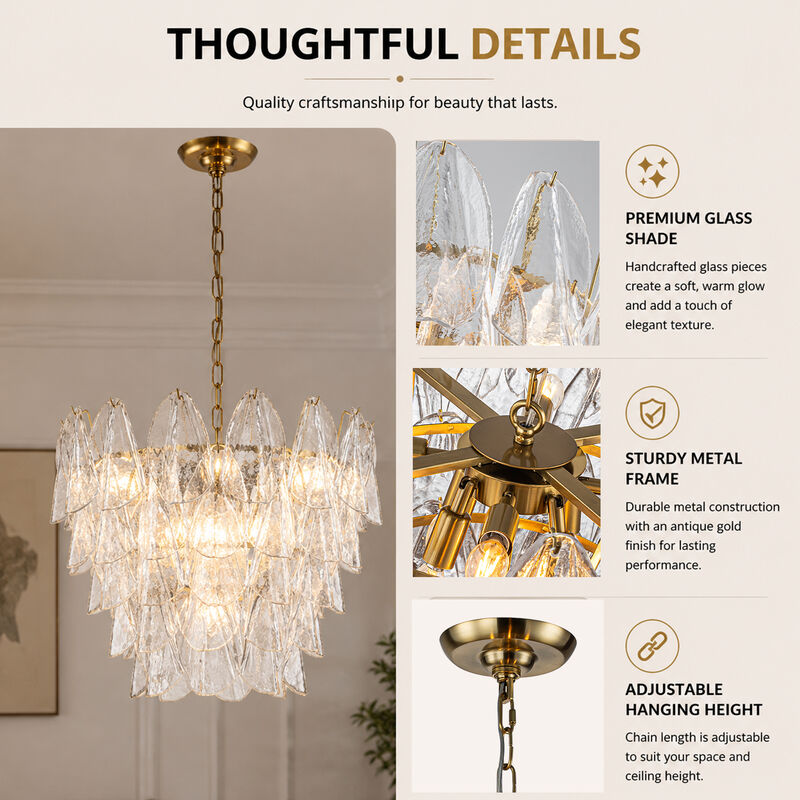 Mid-Century Modern Warm Brass Tiered Glass Chandelier for Dining Room and Entryway image number 2