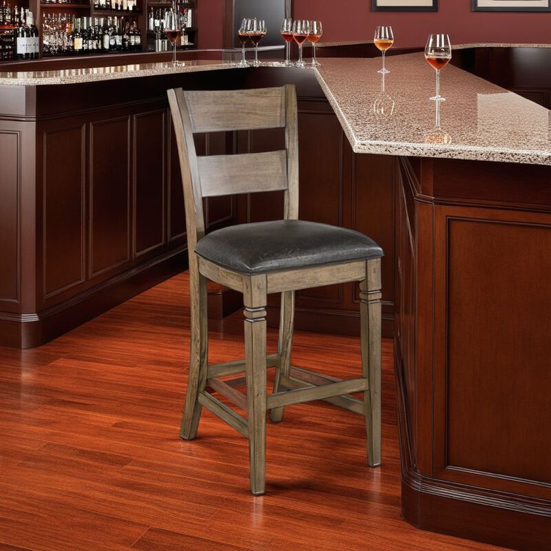 Yael Barstool Chair, Set of 2, Ladderback, Black Microfiber, Taupe Mahogany Wood - Benzara