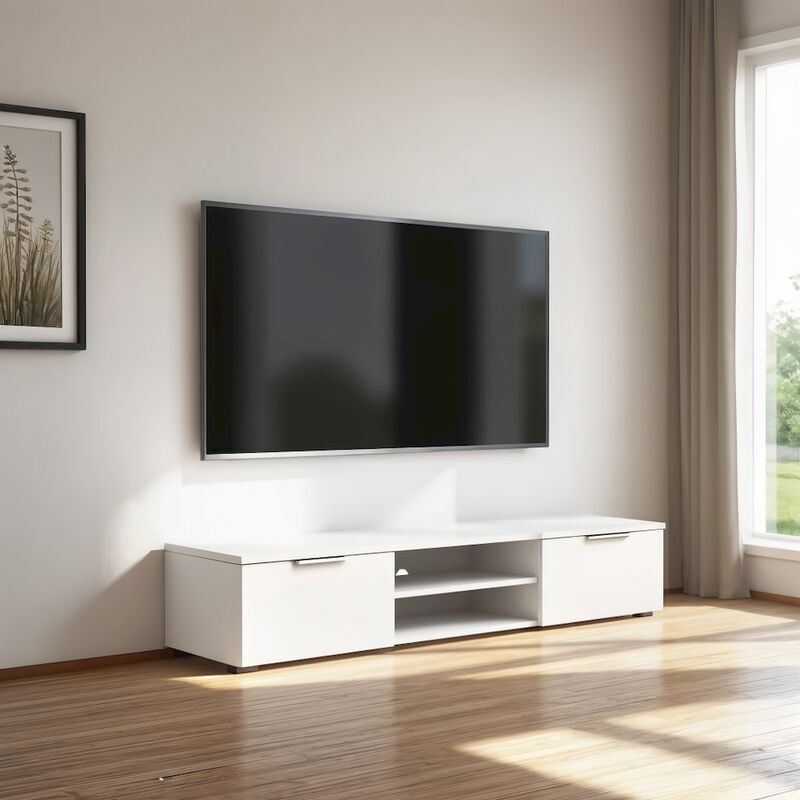 FurniFact White High Gloss TV Cabinet - Stylish TV Stand with Drawers and Shelves