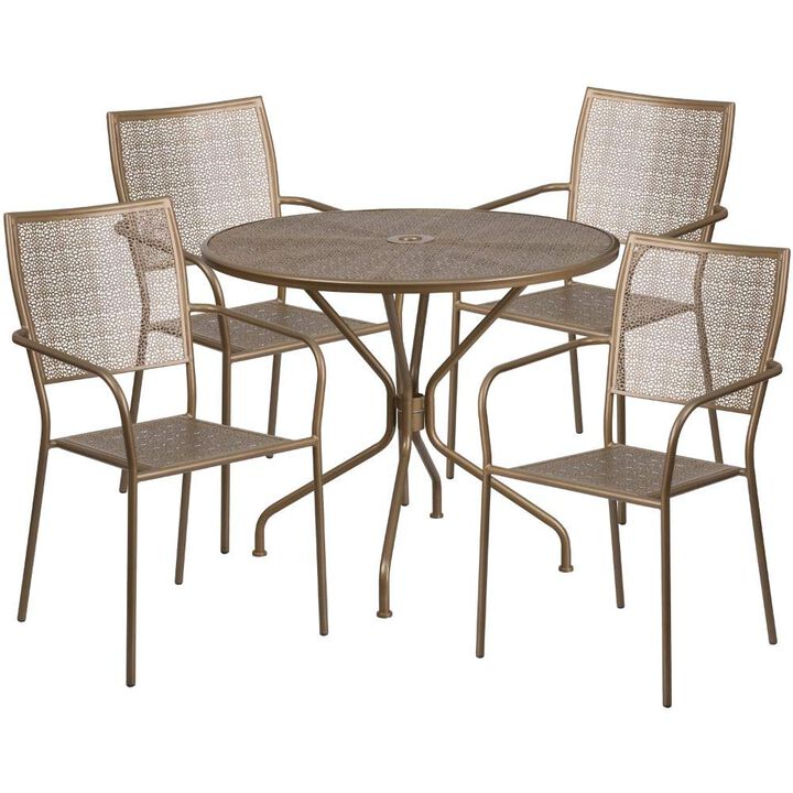 Flash Furniture Oia Commercial Grade 35.25" Round Gold Indoor-Outdoor Steel Patio Table Set with 4 Square Back Chairs