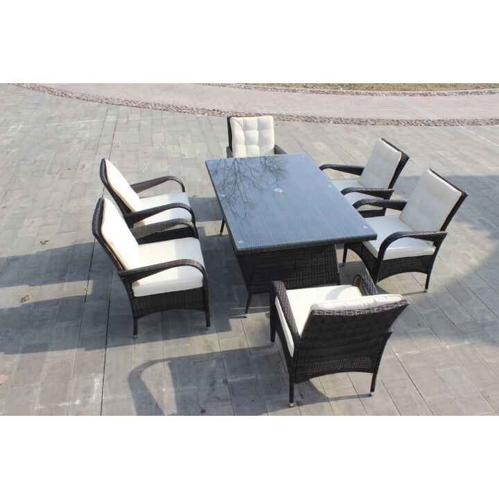 Patio 7-Piece Rectangular Dining Set with 6 Dining Chairs (Brown & Beige Cushion )