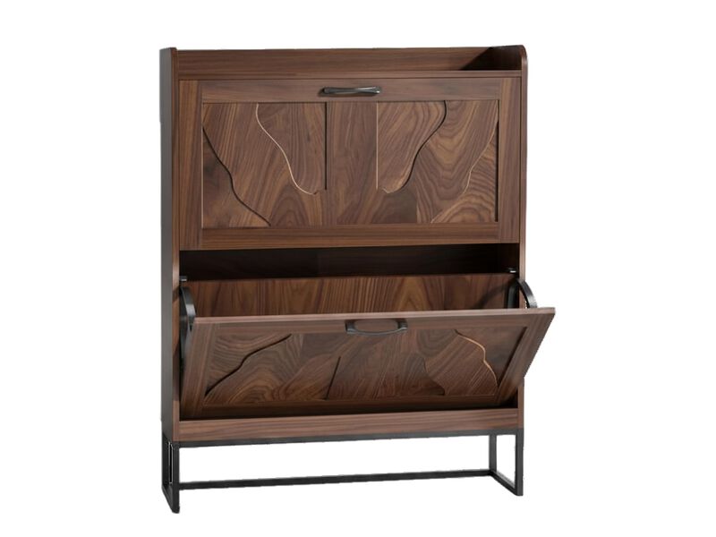 Slim Entryway Wood Shoe Storage Cabinet Flip Drawer Walnut image number 0