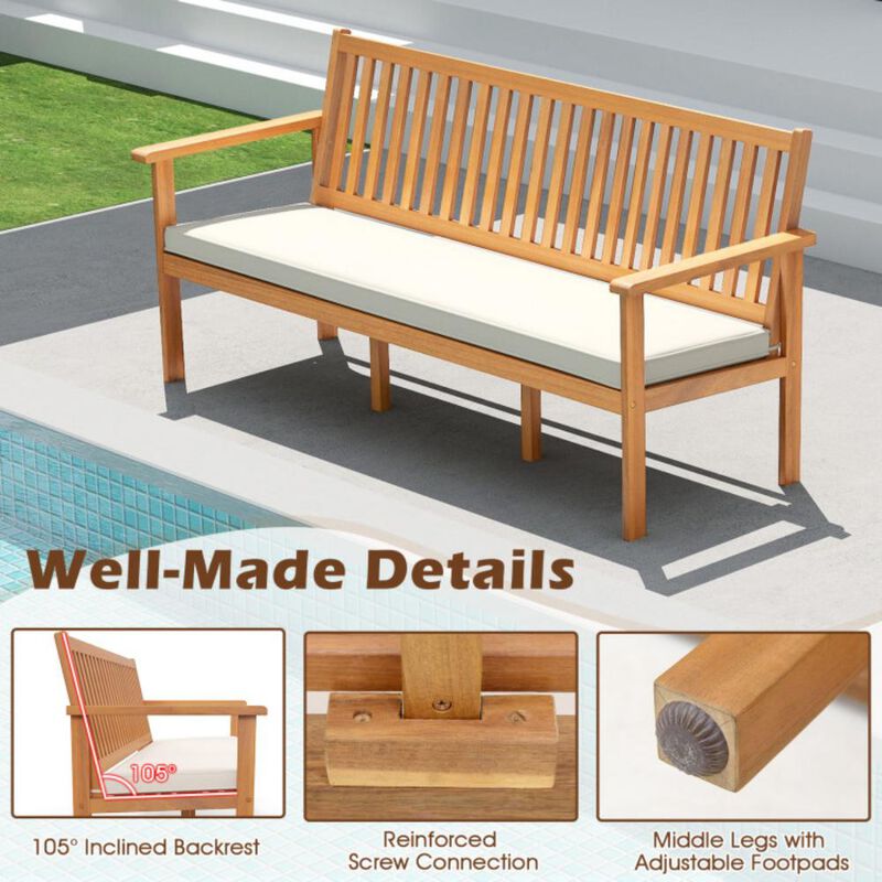 Hivvago Outdoor 3-Seat Wood Bench with Seat Cushion and Slatted Seat