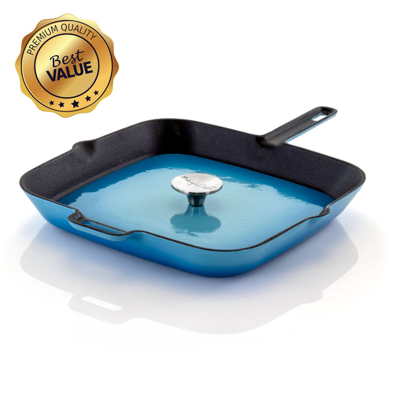 MegaChef 11 Inch Square Enamel Cast Iron Grill Pan with Matching Grill Press in Blue with Press