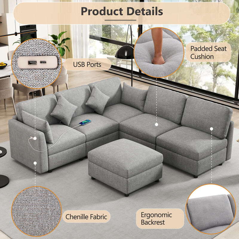 Whisen 86.6" Sectional Sofa, Modular Sofa with a Movable Ottoman and Two USB Ports image number 7