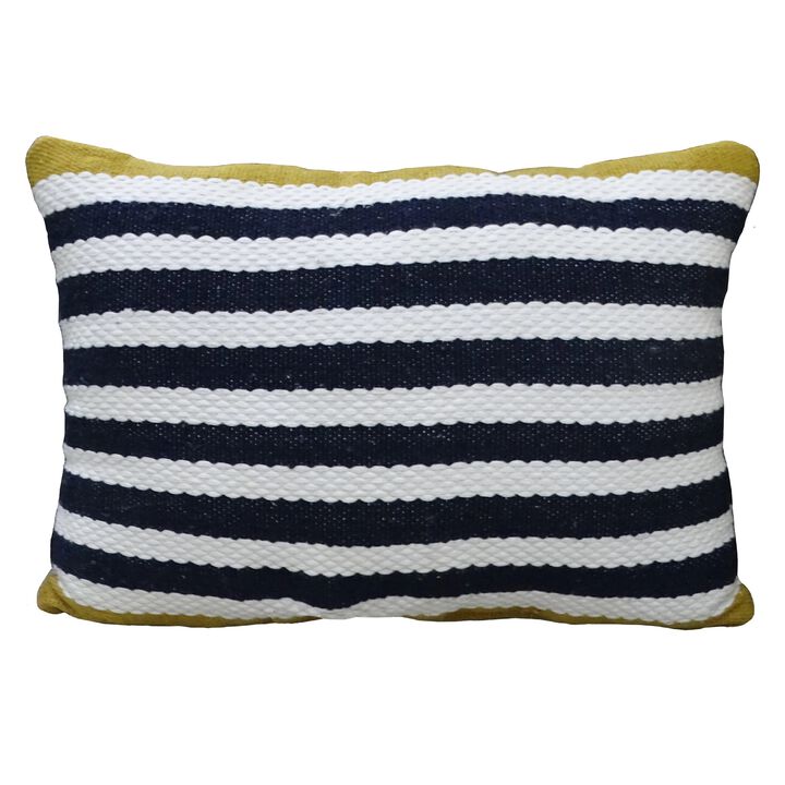 20" White and Blue Decorative Striped Rectangular Throw Pillow