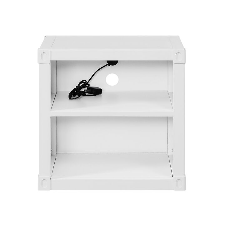 Metal Nightstand with 2 Open Compartment and USB Port, White-Benzara
