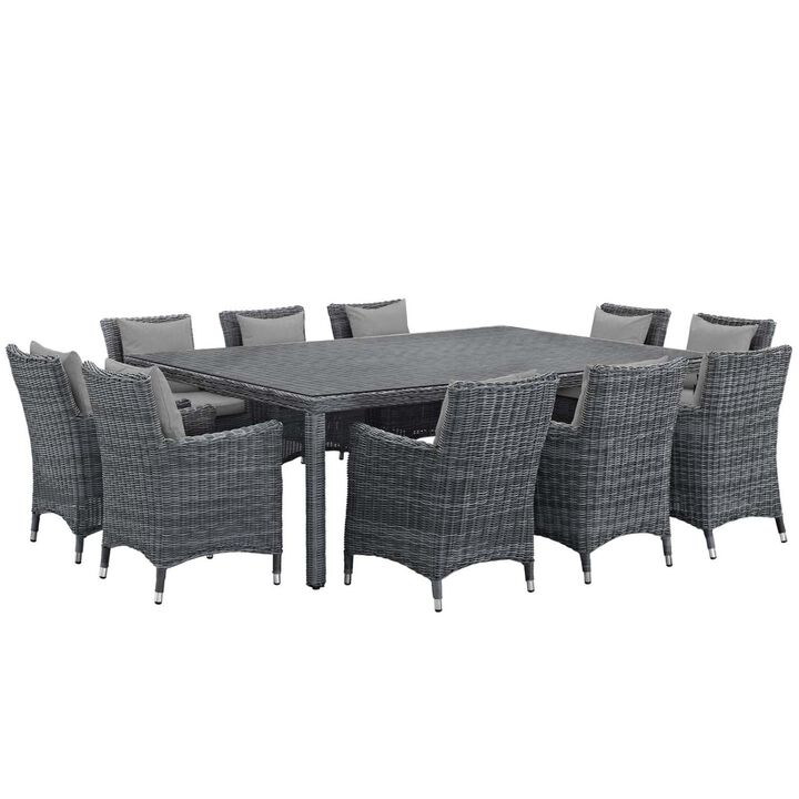 Modway Summon Wicker Rattan Aluminum Outdoor Patio 11-Piece 91" Dining Table and Dining Armchairs with Sunbrella&reg; Fabric Cushions in Canvas Gray