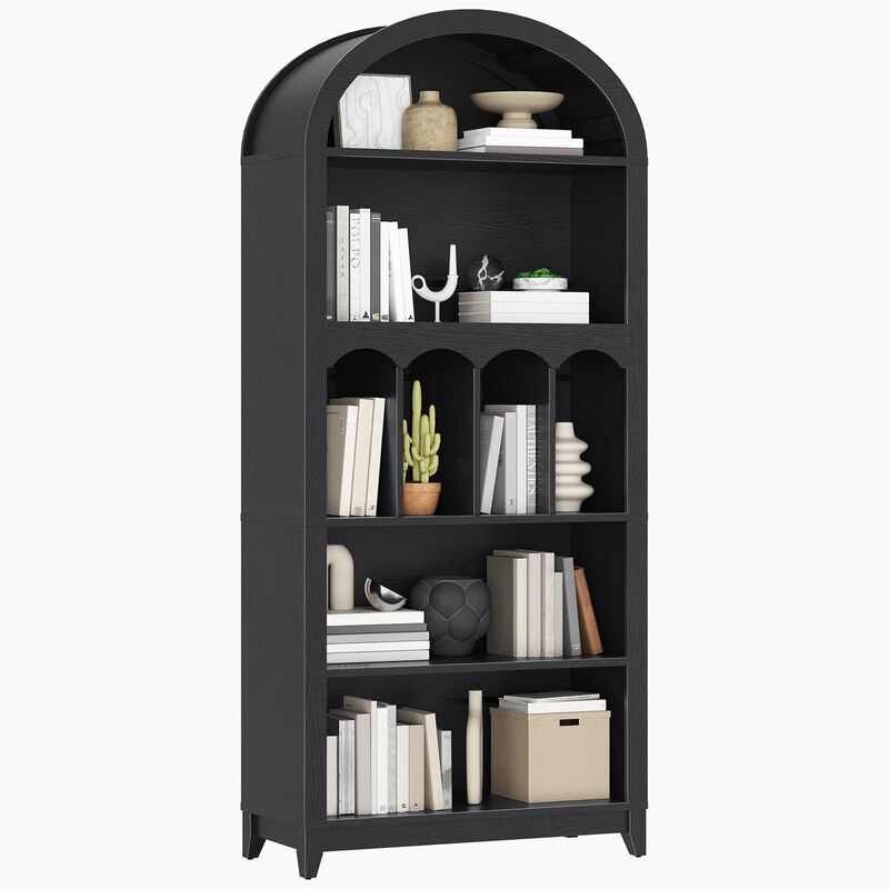 Arched 5 Tier Bookshelf with Storage, Decorative Open Shelf Bookcase-Black image number 3