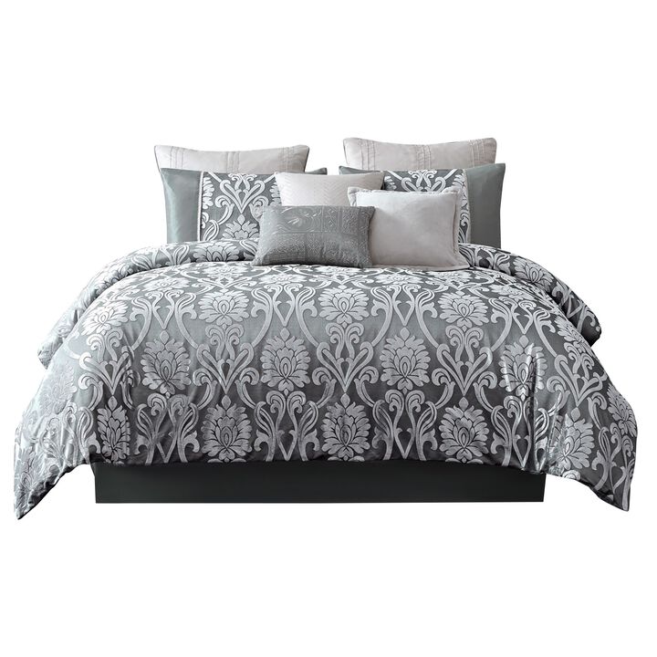Emma 9 Piece Polyester Queen Comforter Set, Gray Silver Velvet Damask Print - Benzara