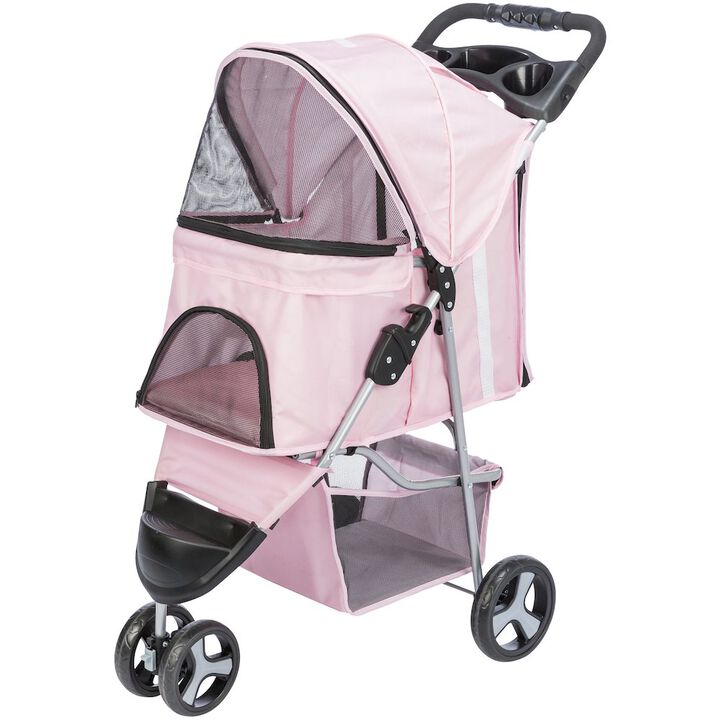 TRIXIE 3-Wheeled Foldable Dog & Cat Stroller with Canopy and Storage Compartments