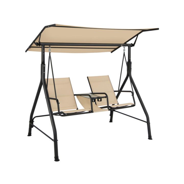 Hivvago 2-Seat Outdoor Cushioned Porch Swing with Adjustable Canopy and Tempered Glass Table-Beige