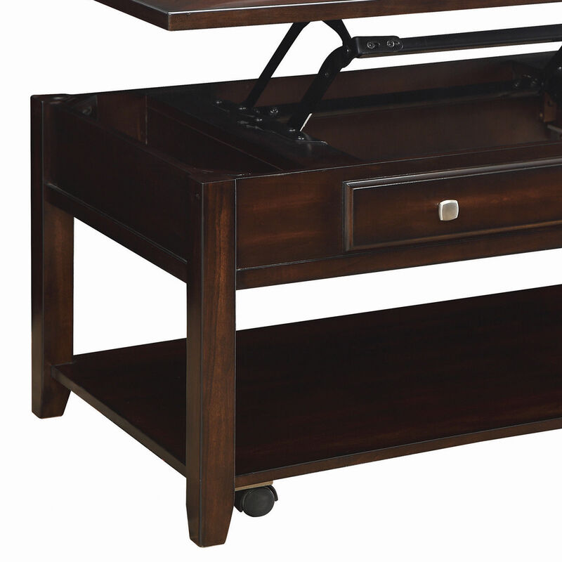 Modern Lift Top Wooden Coffee Table With Storage & Shelf, Walnut Brown-Benzara