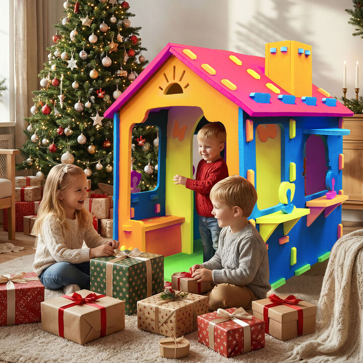 Indoor Playhouse Cottage with Roof and Chimney for Imaginative Play