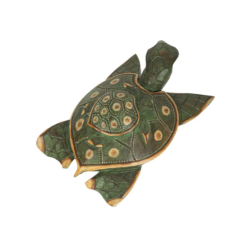 Green Finish Mother And Baby Turtle Hand Carved Wood Sculpture Home Decor Statue image number 2