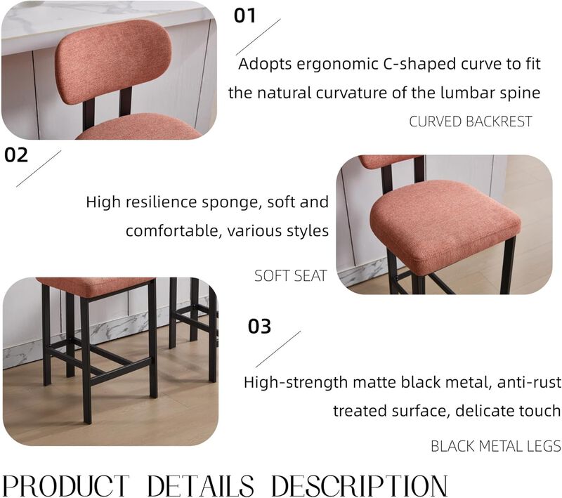 Envelor Counter Height Upholstered Chenille Bar Stool with Metal Legs, Set of 2 image number 6
