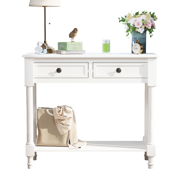 Console Table Sideboard Wooden Sofa Table with 2 Drawers and Bottom Shelf for Bedroom (White)