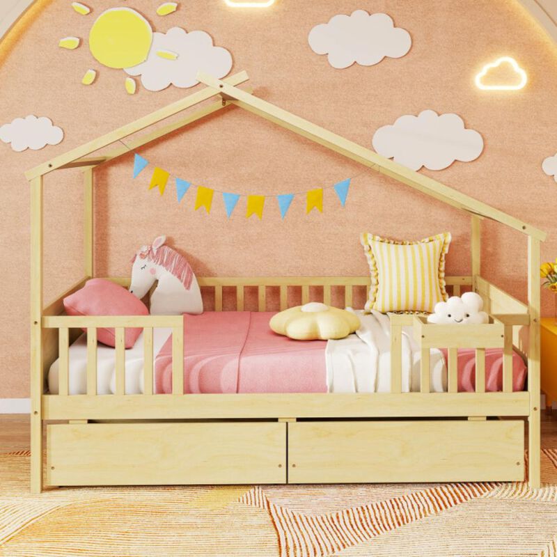 Hivvago Twin House Bed with 2 Storage Drawers and Roof & Fence Rails