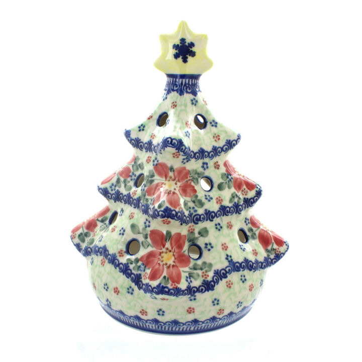 Blue Rose Polish Pottery Poinsettia Christmas Tree Luminary