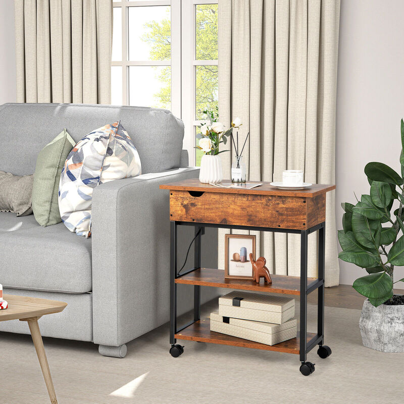 Lift Top End Table with Charging Station and Universal Wheels-Rustic Brown image number 1