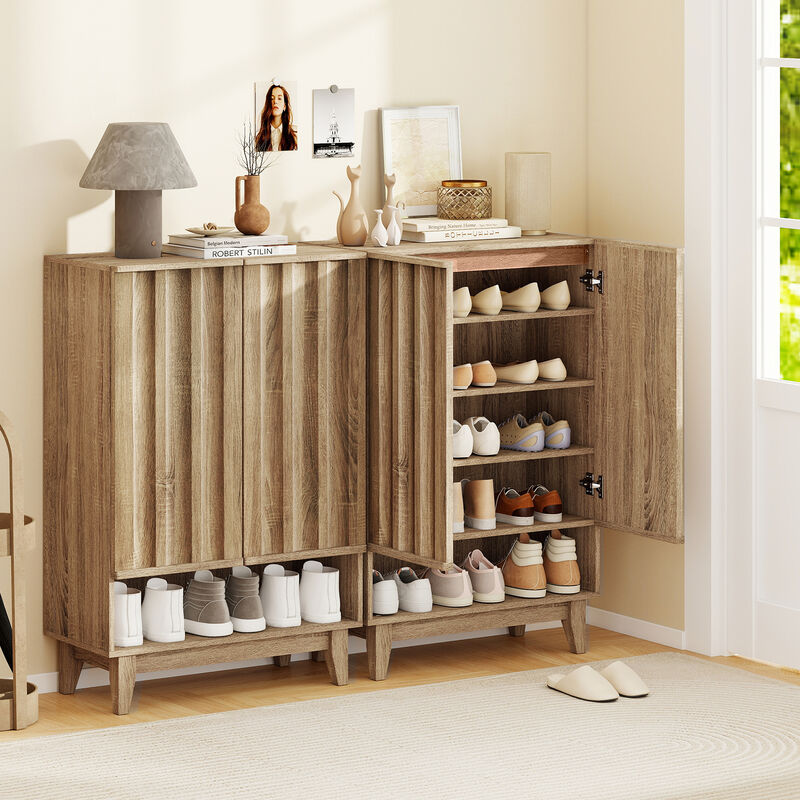 6-Tier Shoe Storage Cabinet with 2 Fluted Doors for Organized Shoe Storage-Oak image number 7