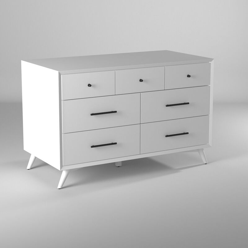 Alpine Furniture Flynn Mid Century Modern 7 Drawer Dresser, White