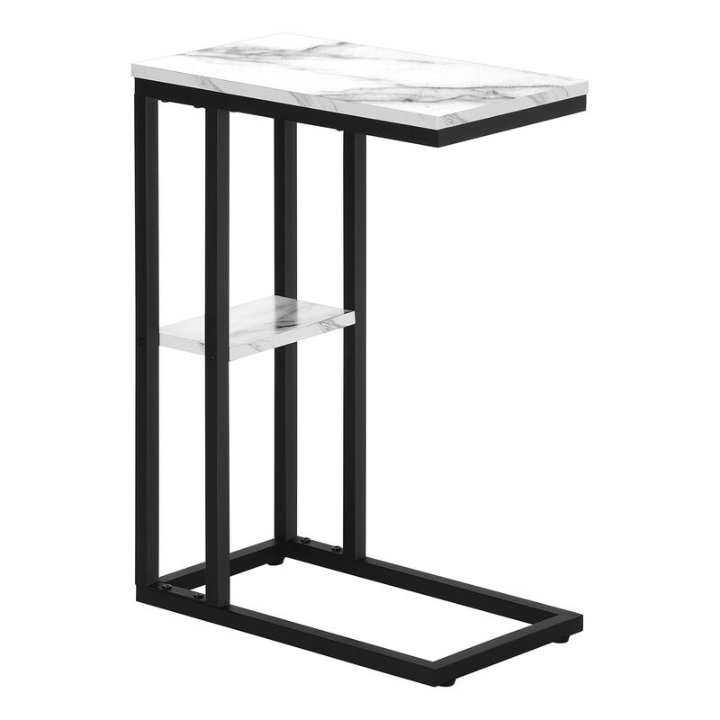 Monarch Specialties I 3675 Accent Table, C-shaped, End, Side, Snack, Living Room, Bedroom, Metal, Laminate, White Marble Look, Black, Contemporary, Modern