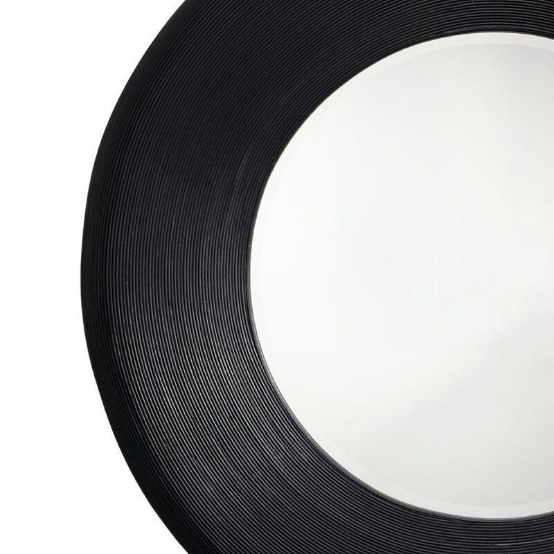 Defy Wall Mirror, 39 Inch Round Frame, Boho Style Black Natural Bamboo