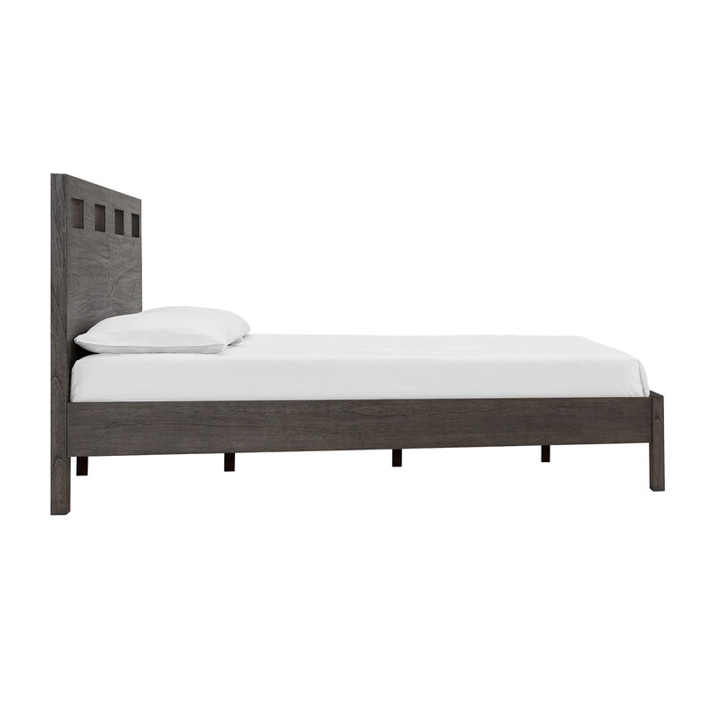 Yee King Bed, Gray Wood, 4 Side Drawers, Cut Out Headboard Design - Benzara