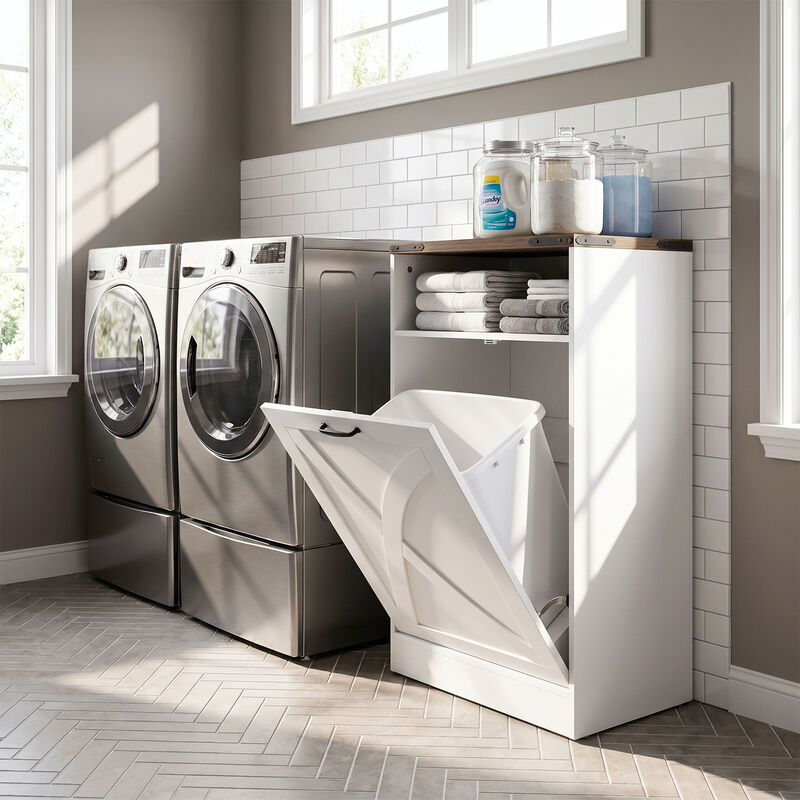 Farmhouse Tilt-Out Trash Can and Laundry Hamper Cabinet with Open Storage Shelf for Kitchen, Bathroom, Pantry, and Laundry Room image number 2
