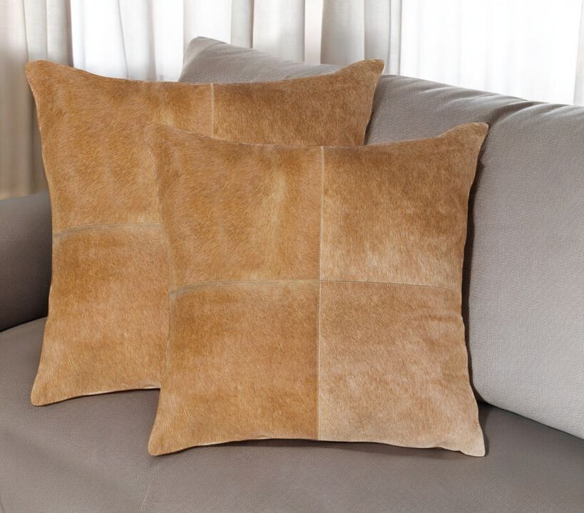 HomeRoots Set of Two 18" Tan Cowhide Throw Pillows