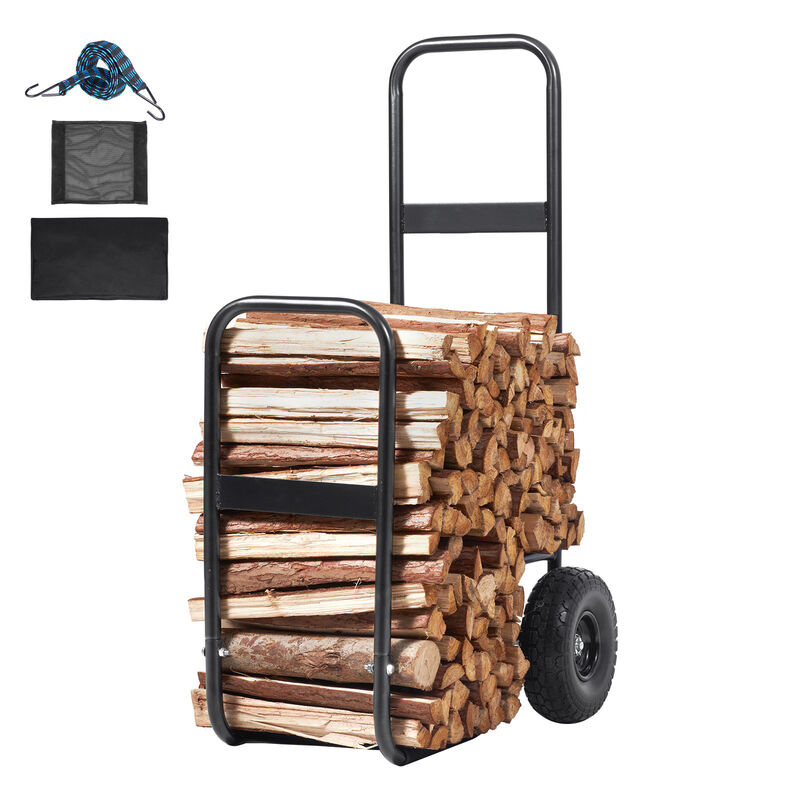 Heavy Duty Firewood Carrier Cart with Waterproof Cover and PU Wheels, Steel Log Hauler for Fireplace-Black image number 9