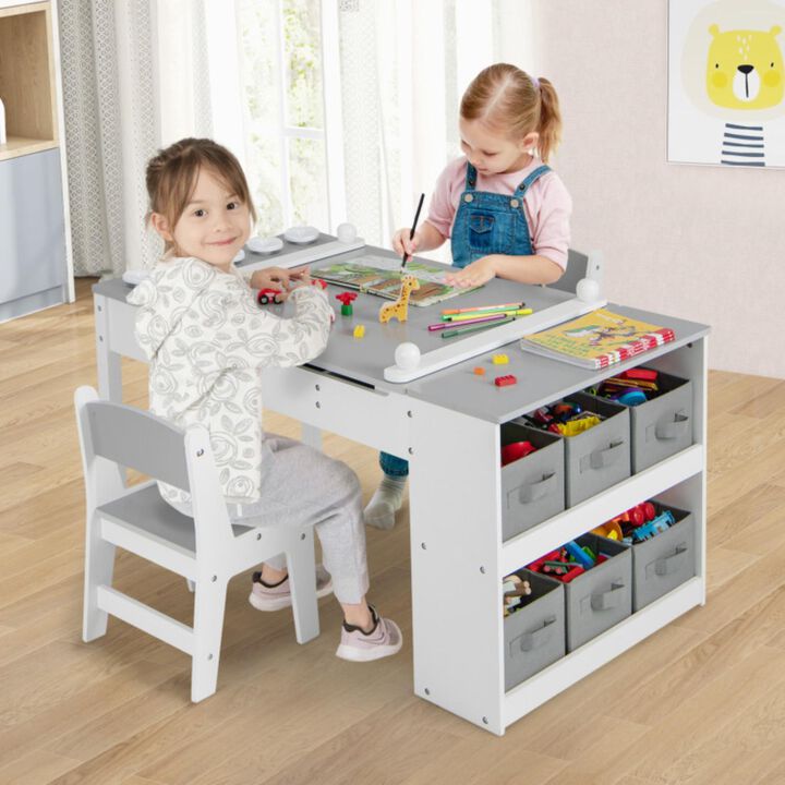 Hivvago 2-in-1 Kids Wooden Art Table and Art Easel Set with Chairs Storage Bins Paper Roll-Gray