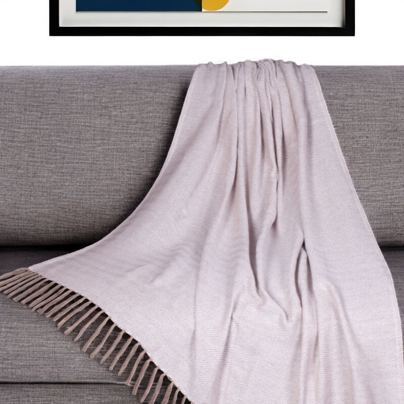 HomeRoots 50" X 60" Beige and Brown Woven Cotton Herringbone Throw Blanket with Fringe image number 1