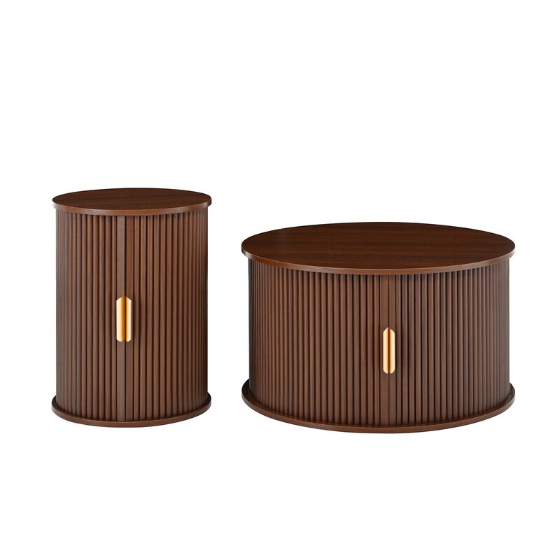Mid Century Coffee Table Set with Sliding Tambour Door Fluted Round End Table with Storage image number 0