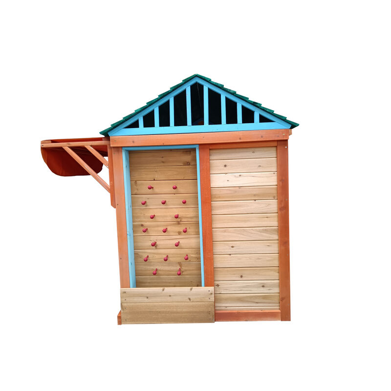 Eco-friendly Outdoor Wooden 4-in-1 Game House for kids garden playhouse with different games on every surface, Solid wood,61.4" Lx45.98"Wx64.17H