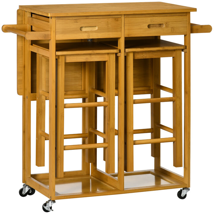 HOMCOM Bamboo Breakfast Cart with Drop Leaf Table and 2 Stools