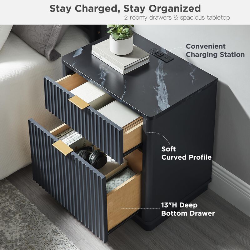 Fluted 2-Drawer Nightstand with Charging Station, Curved Modern Bedside Table image number 4