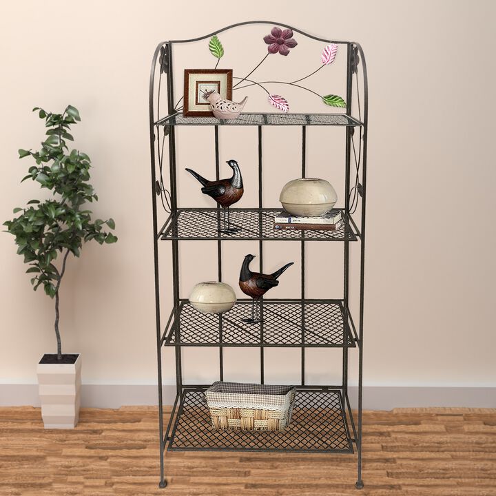 65 Inch Metal Foldable Bakers Rack, Four Tier with Flower Motifs, Black-Benzara