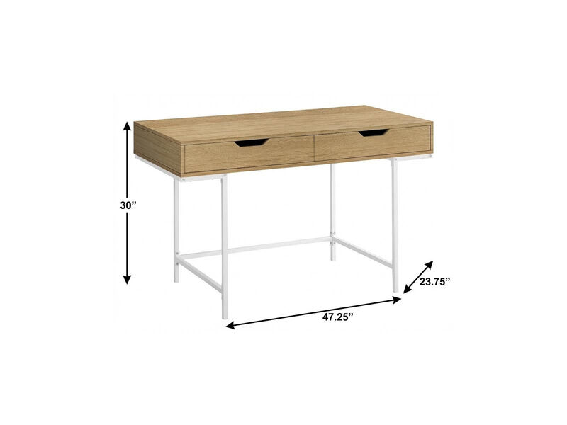 HomeRoots 47" Natural and White Wood and Metal H-Shape Computer Desk With Two Drawers image number 3