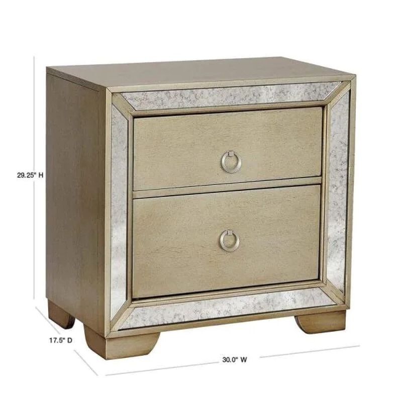 Glam Champagne Gray Finish 1pc Nightstand Antique Mirror Panels Ring Pull Handles Bedroom Furniture
