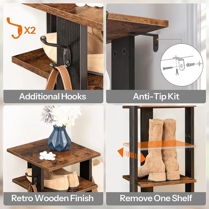 Vertical Shoe Storage Rack with 8 Tiers and Side Hooks for Organization- Brown image number 7