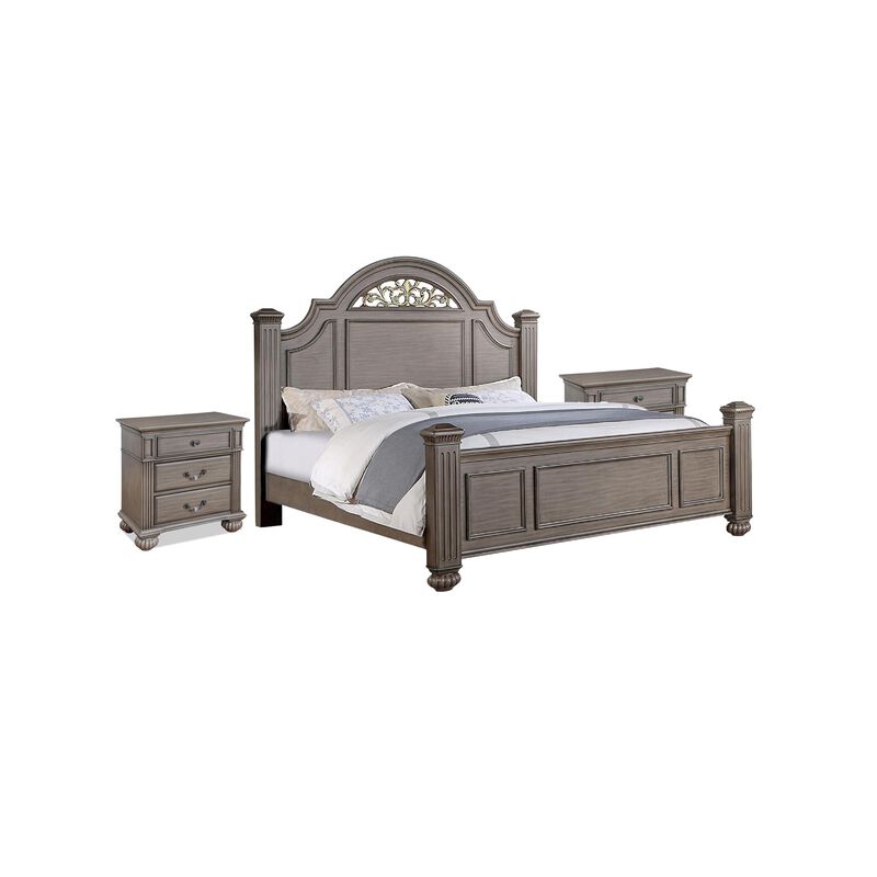 3pc King Bedroom Set, Gray, Brass, Clear Wood, 2 Nightstands image number 0
