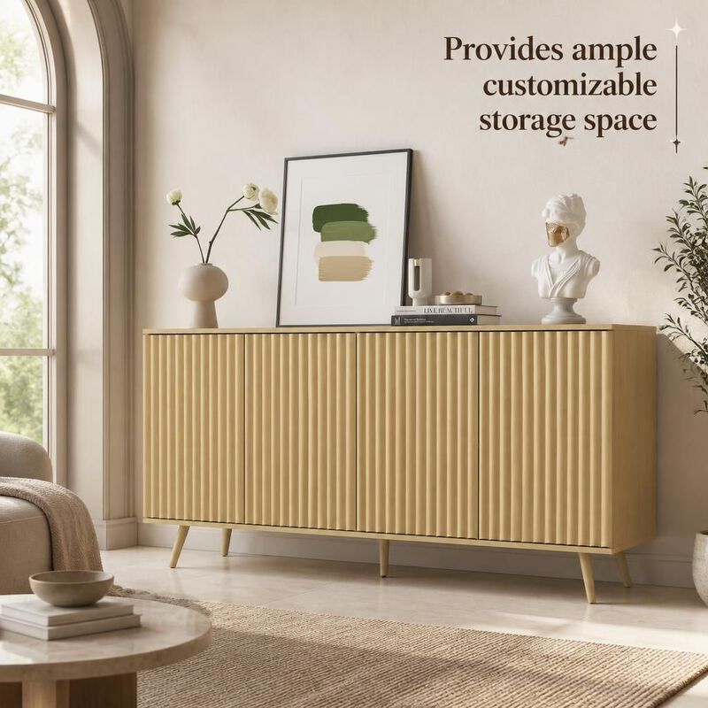 Wood Sideboard Buffet Cabinet with 4 Doors and Adjustable Shelves image number 4