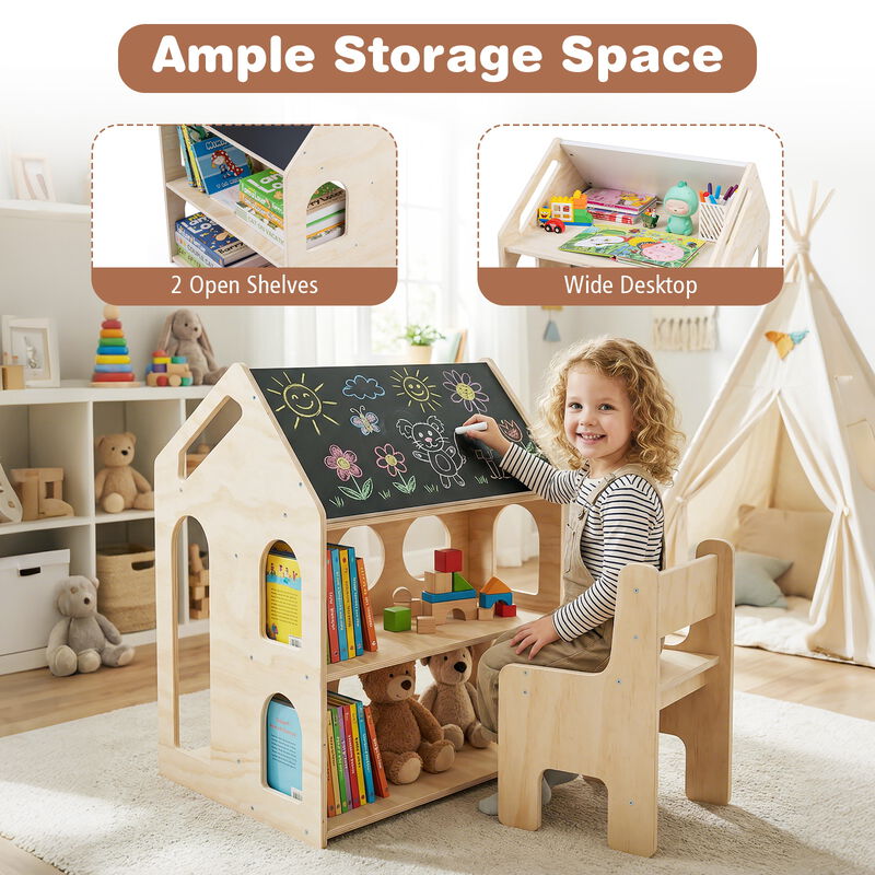 Children&rsquo;s House-Shaped Table and Chair Set, Wooden Activity Furniture-Natural image number 6