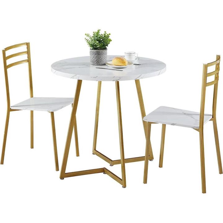 Hivvago 3-Piece Kitchen Dining Set with Round White Faux Marble-Top Table and 2 Chairs