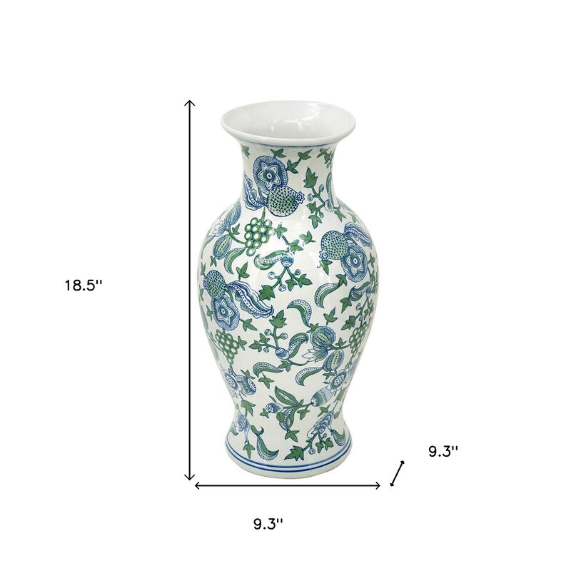 HomeRoots 19" White Blue And Green Floral Urn Porcelain Table Vase image number 5