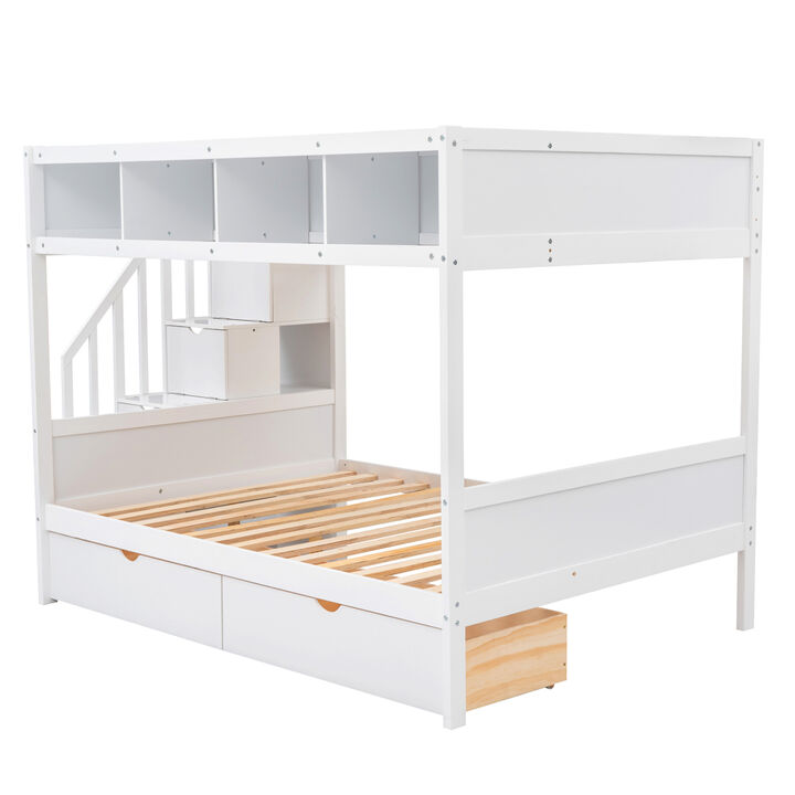 Twin over Full Bunk Bed with Shelfs, Storage Staircase and 2 Drawers, White