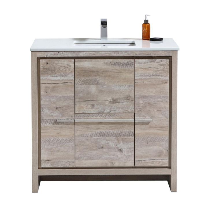 Kubebath 36″ Nature Wood  Modern Bathroom Vanity with White Quartz Counter-Top