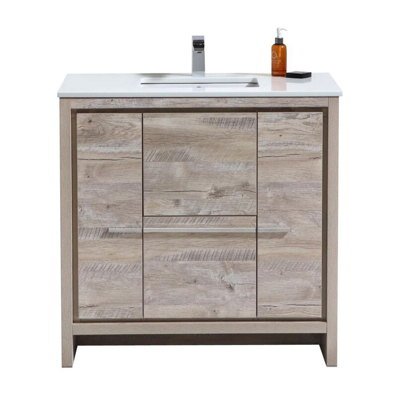 Kubebath 36″ Nature Wood  Modern Bathroom Vanity with White Quartz Counter-Top